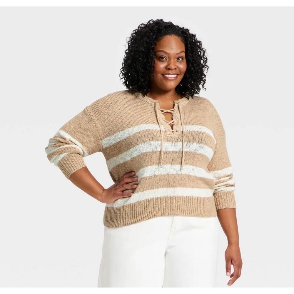 Universal Thread Womens XXL Oatmeal White Striped Lace Up Pullover Sweater NEW